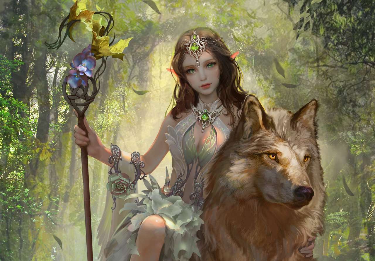 uma elfa e seu lobo quebra-cabeça