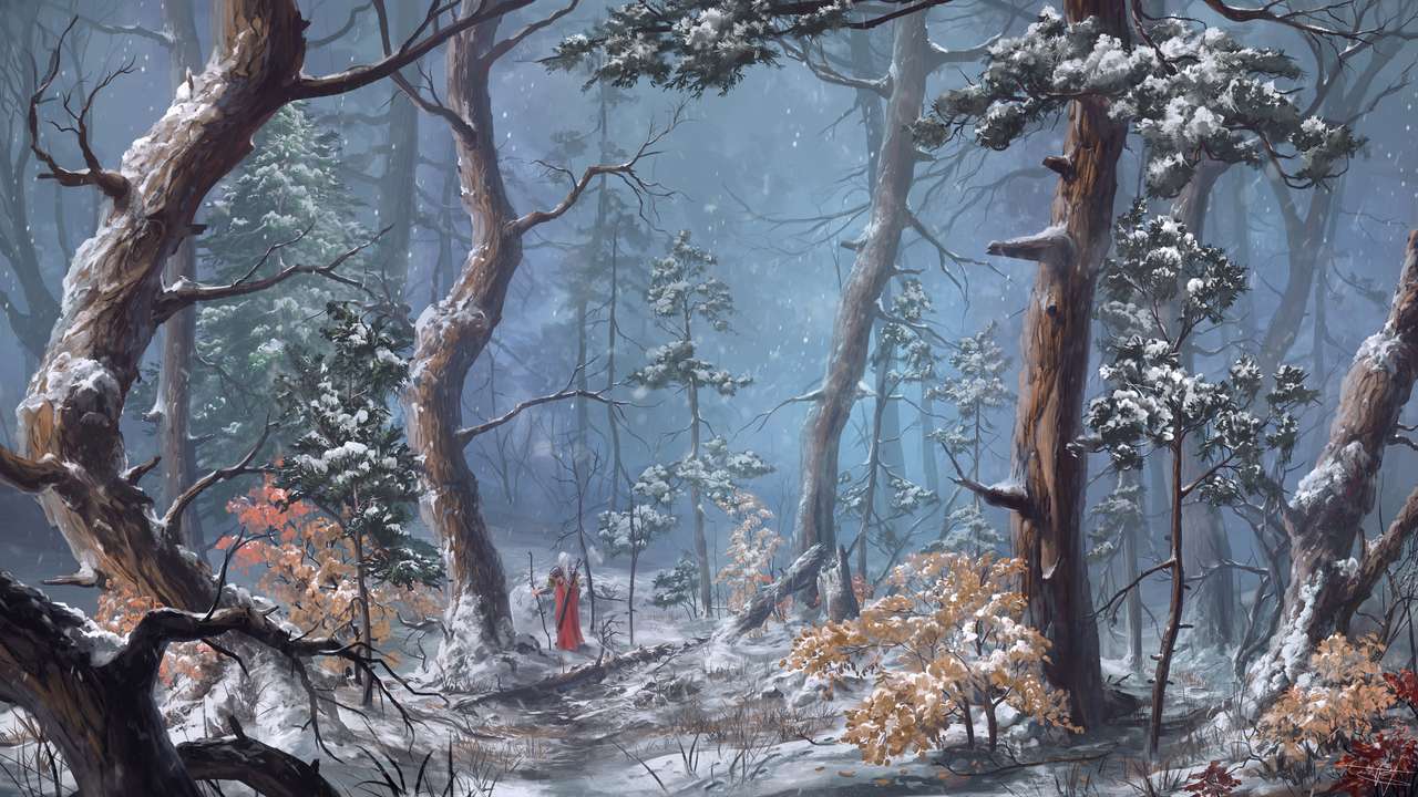 postać w lesie nocą pod śniegiem puzzle online