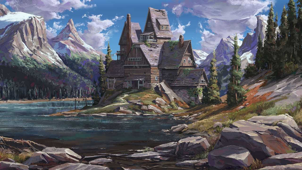 casa entre montaña y lago rompecabezas