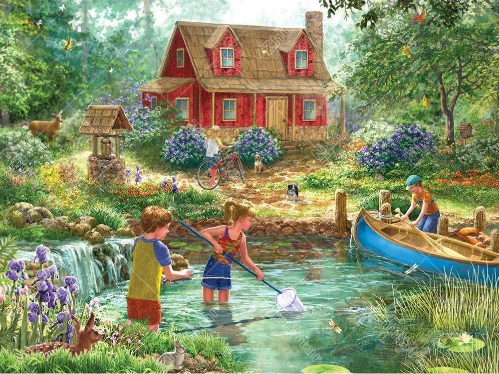 dzieci łowią ryby w potoku puzzle online