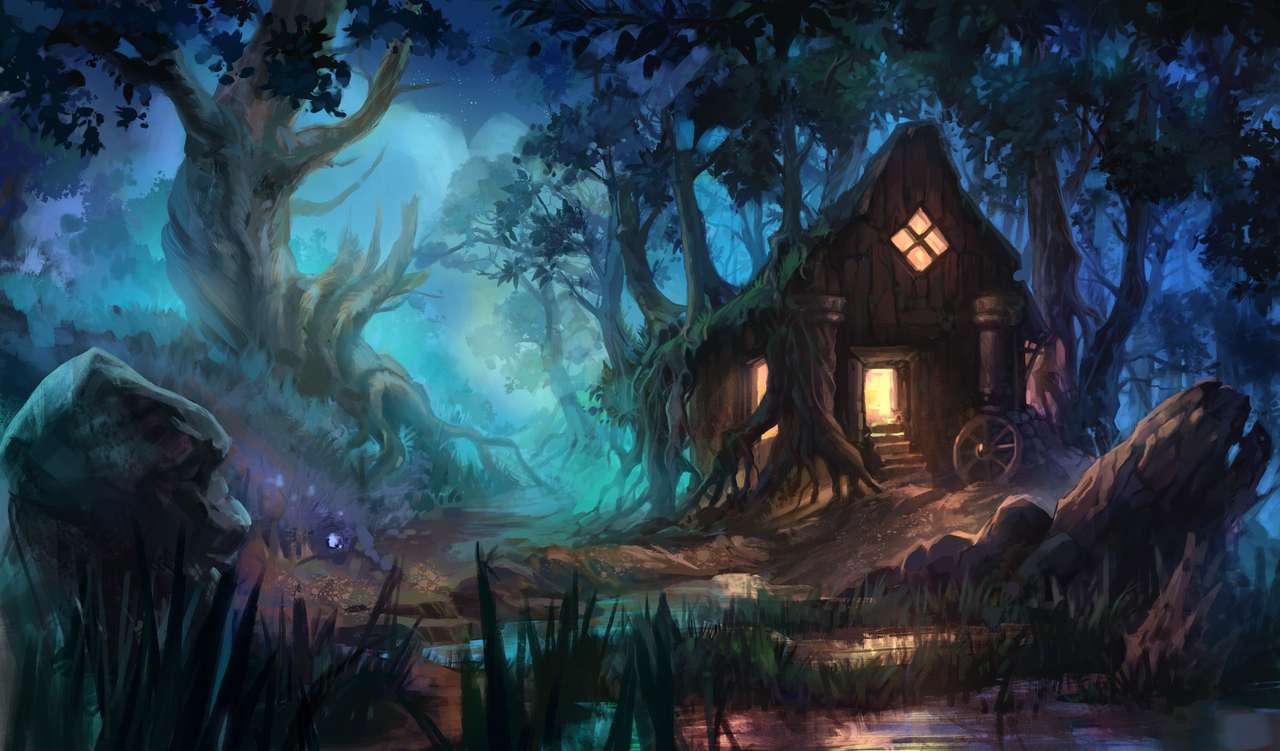 domek w lesie nocą puzzle online