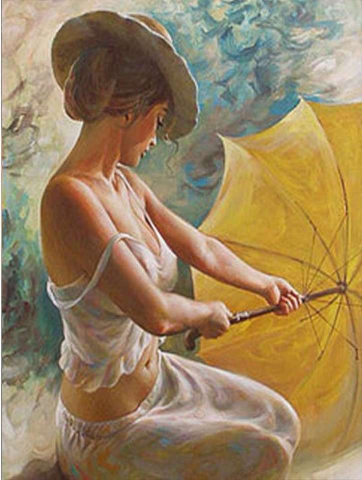 chica con paraguas amarillo rompecabezas