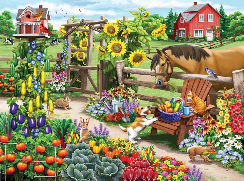 Ogród z kwiatami, warzywami i owocami puzzle online