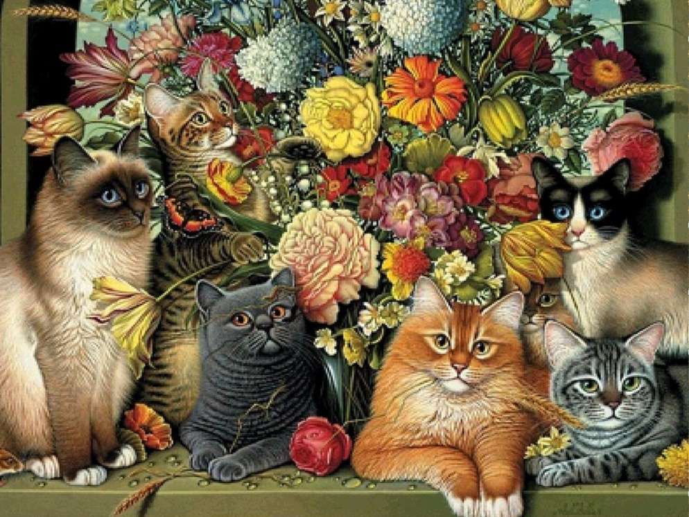 koty i kwiaty puzzle online