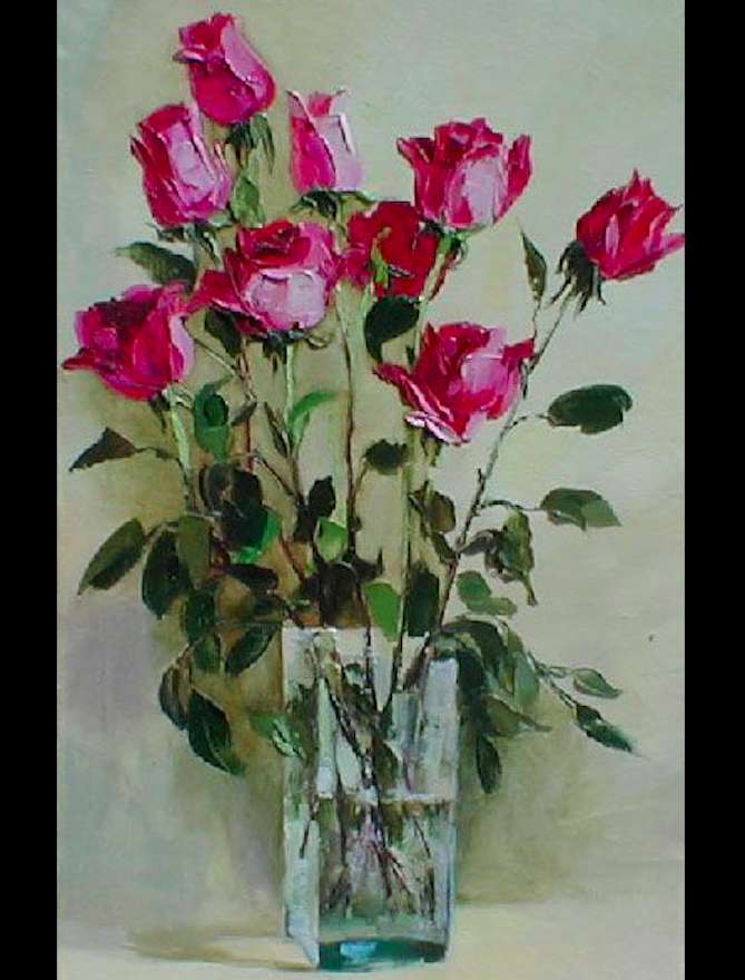 Ogniste róże w szklanym wazonie puzzle online