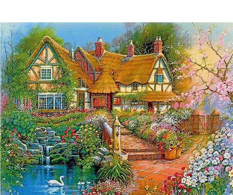 Dom na wsi przy stawie puzzle online