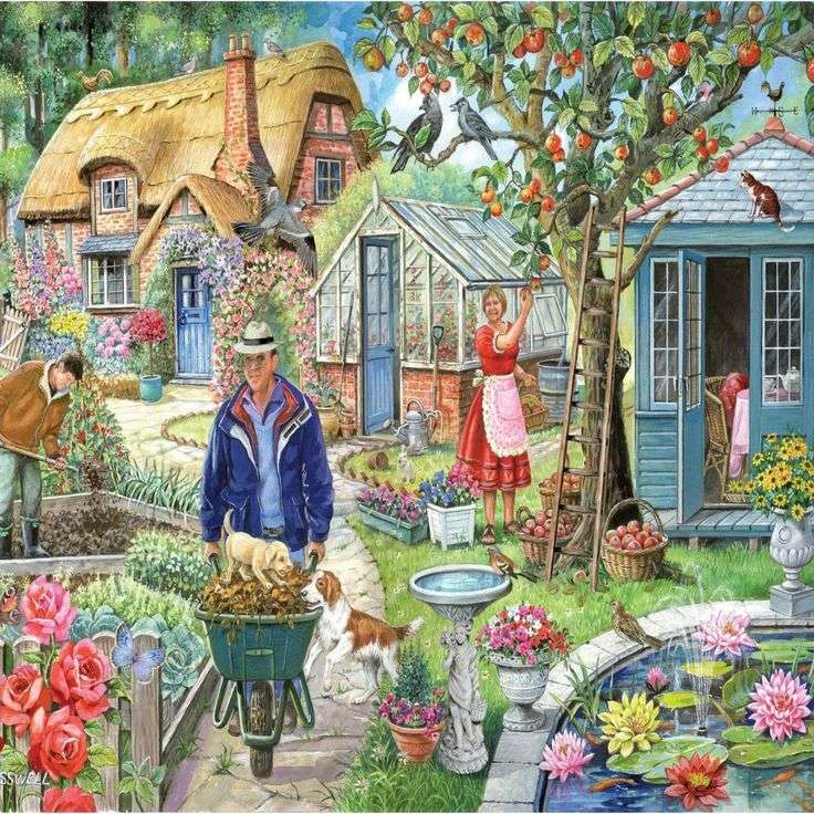 Ogród przy domu w kwiatach puzzle online