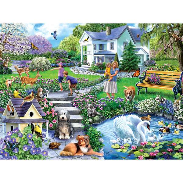 Matka i dzieci w ogrodzie puzzle online
