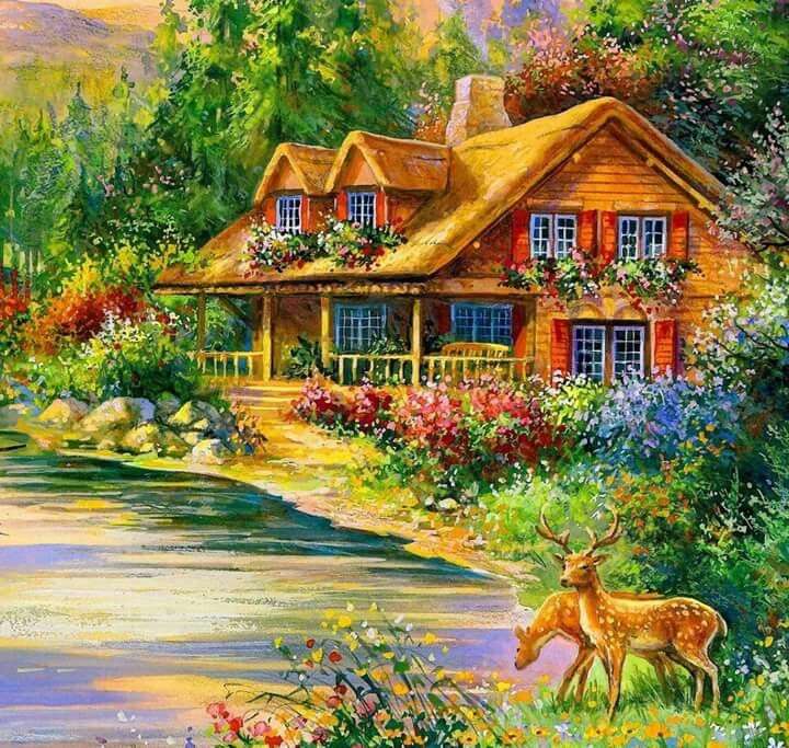 Dom w lesie nad rzeką puzzle online