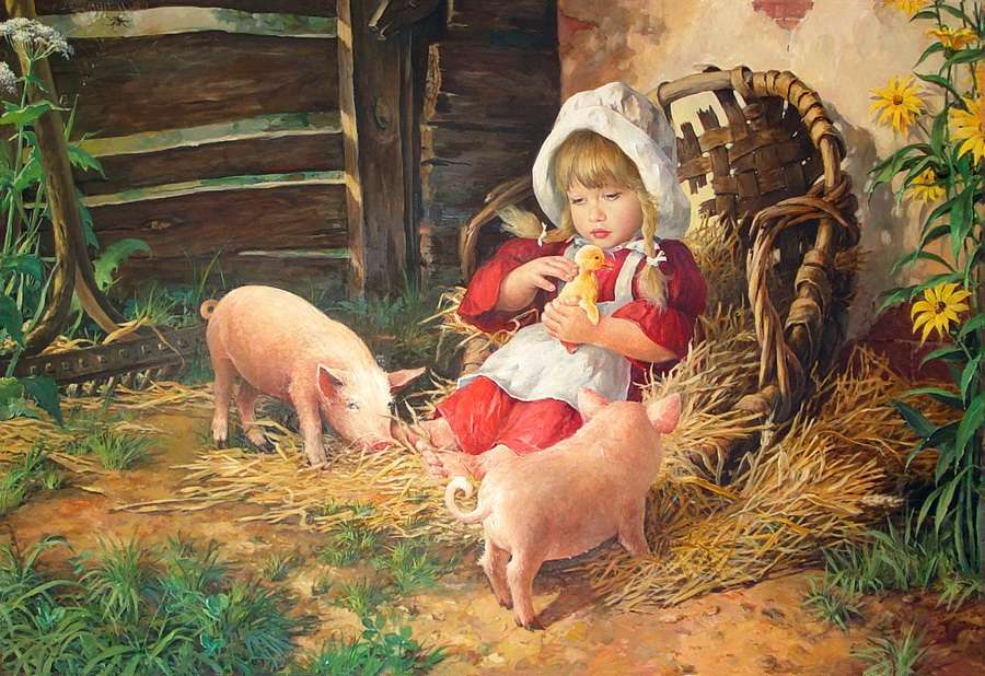 mała dziewczynka ze świniami puzzle online