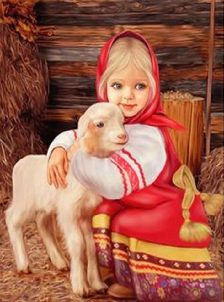dziewczyna w czerwieni z małą owieczką puzzle online