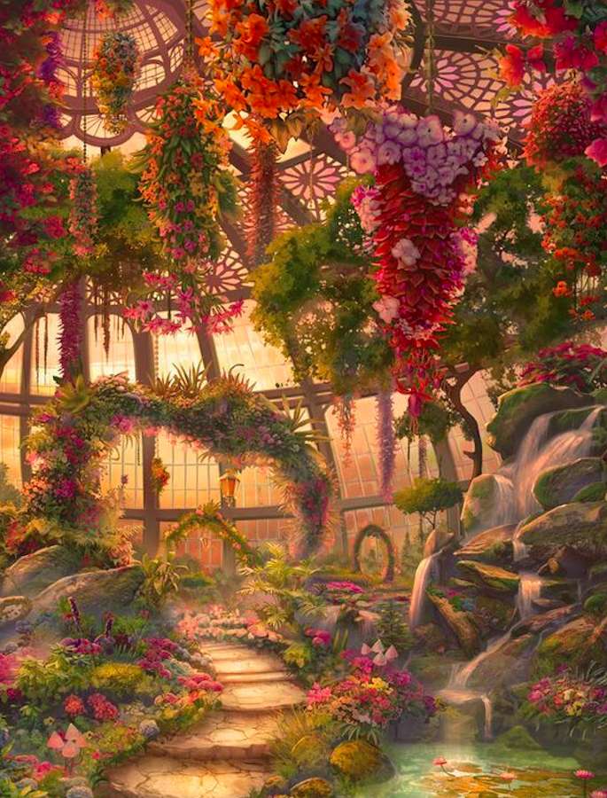 , Szkalnny''ogród z szalejącymi kwiatami w różu puzzle online