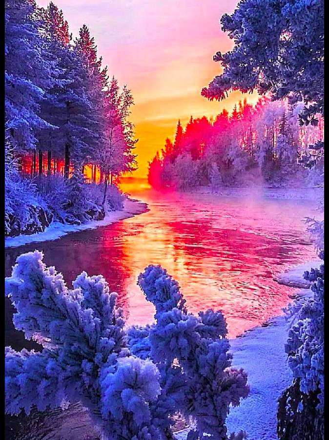 Zimowa rzeka zachodem słońca malowana puzzle online