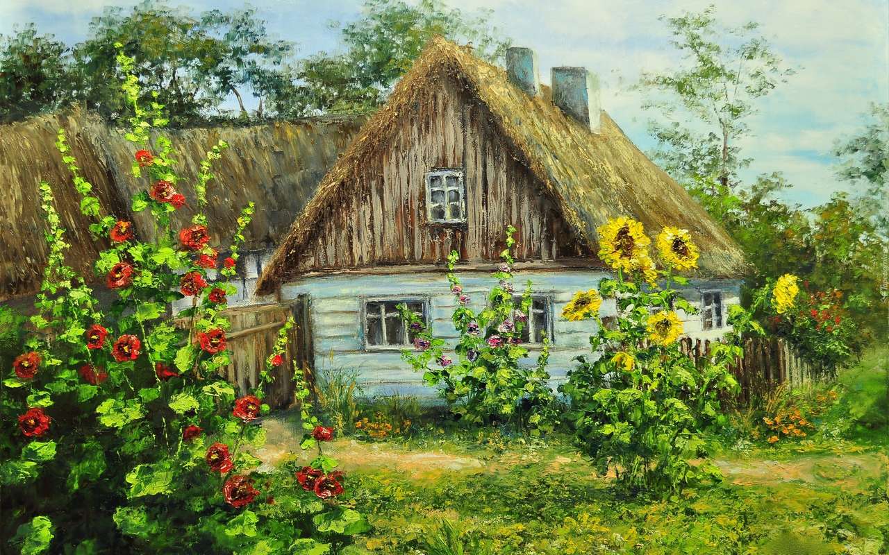 Wiejski dom z kwiatami w ogrodzie puzzle online