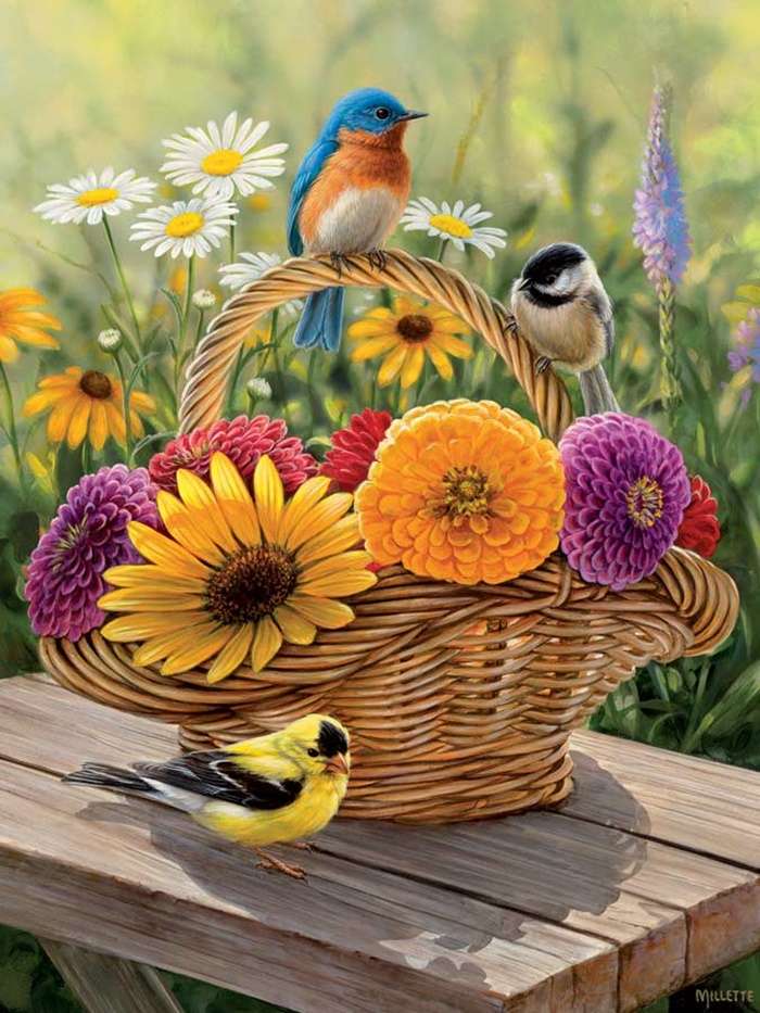 ptaki w koszu kwiatów puzzle online