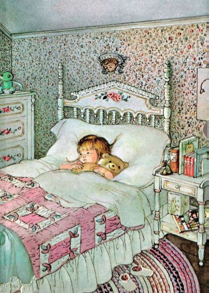 mała dziewczynka w łóżku z misiem puzzle online