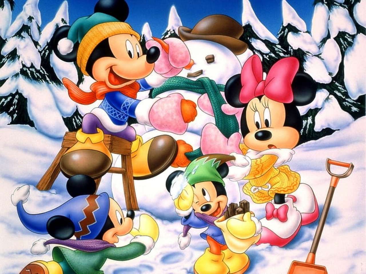 minnie, mickey i ich siostrzeńcy bawią się na śniegu puzzle online