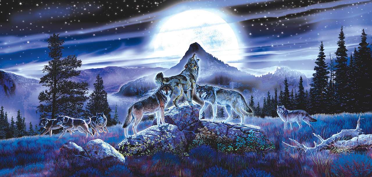 wataha wilków pod pełnią księżyca puzzle online