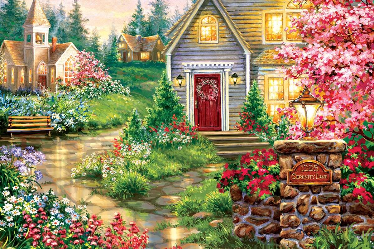 Kitnące kwiaty przed domem puzzle online
