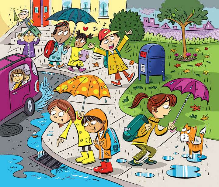 Droga ze szkoły w deszczowy dzień puzzle online