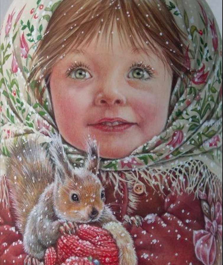 Śliczna zielono-oka dziewczynka z wiewiórką puzzle online