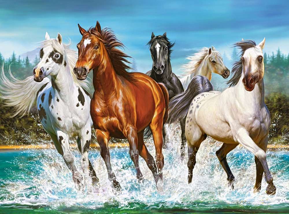 Konie w galopie po wodzie puzzle online