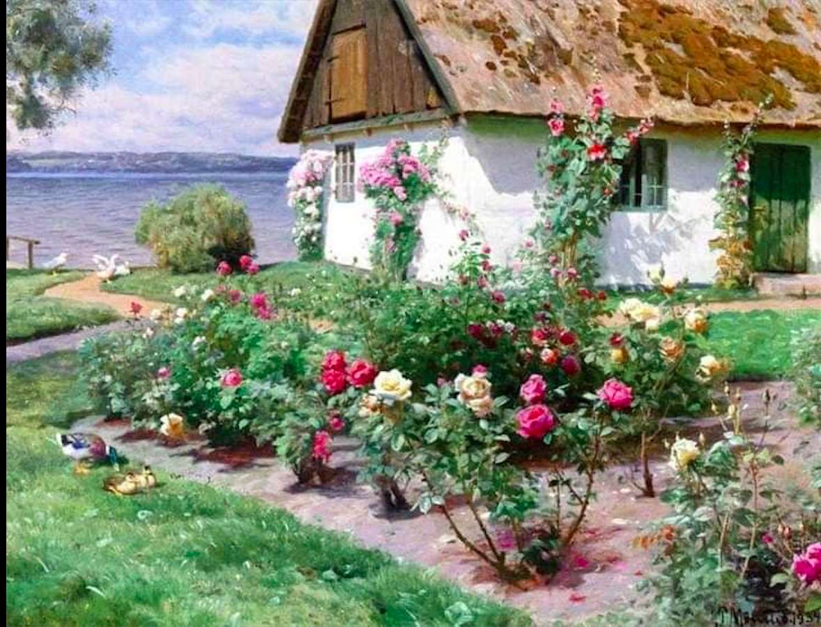 Biała chatka w różanym ogrodzie, cudo puzzle online