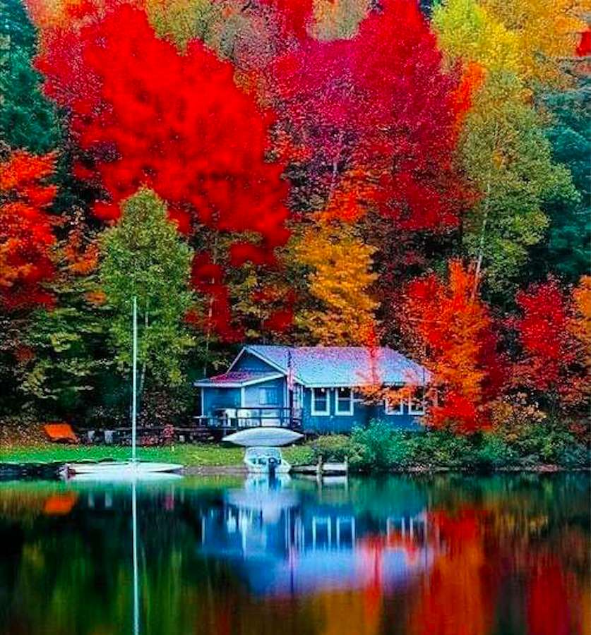 Jesień zawitała-Błękitny domek nad jeziorem puzzle online