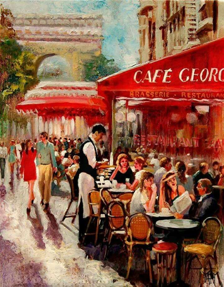 Paryż-paryskie pełne ludzi kawiarenki puzzle online