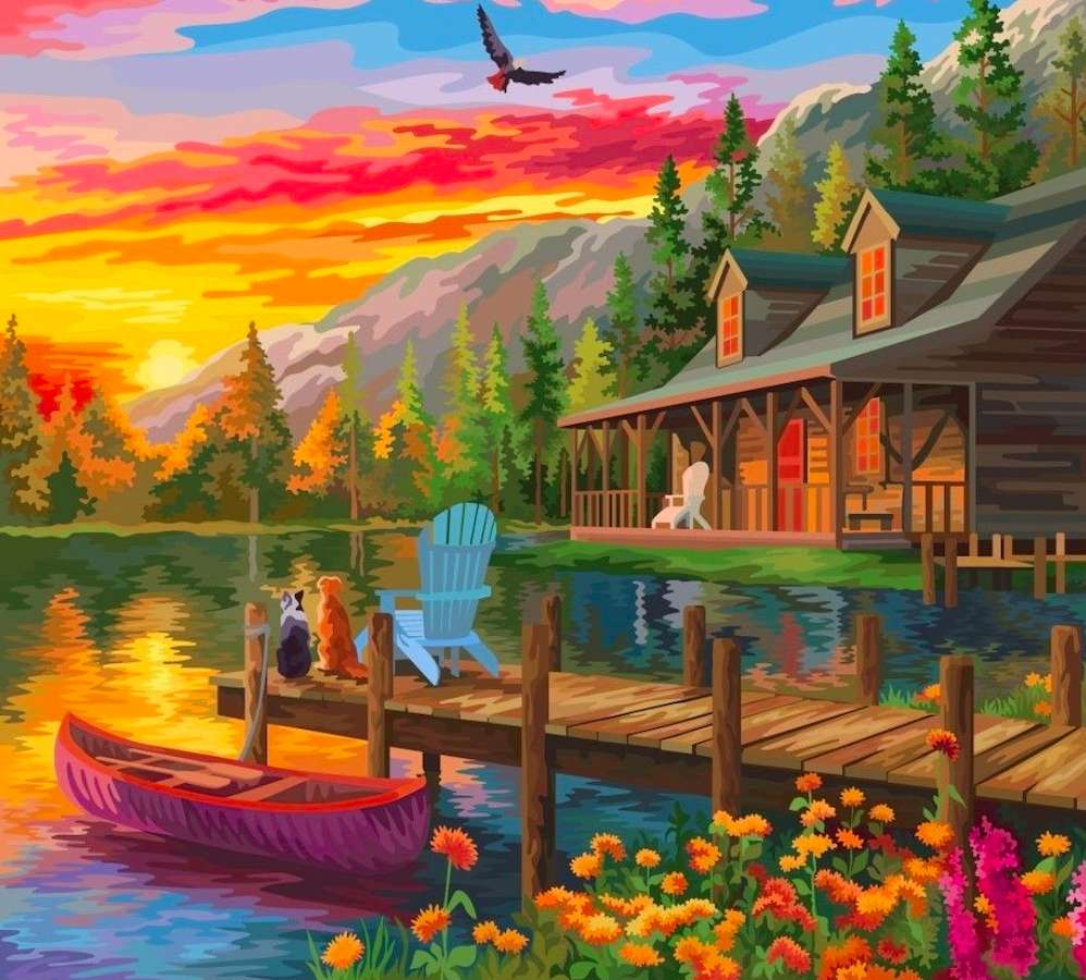 Zachód słońca nad pięknym jeziorem w górach puzzle online