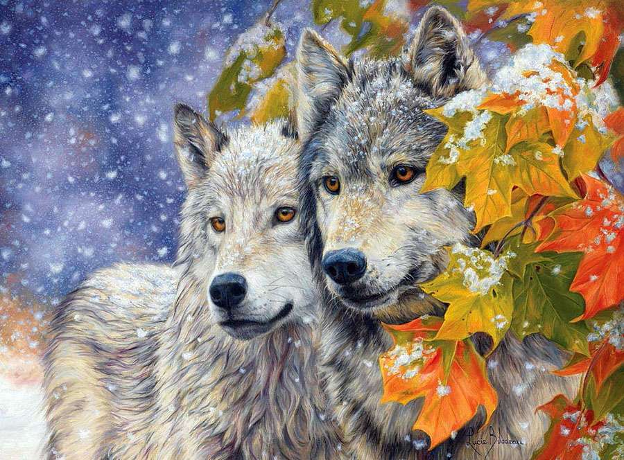 Wilki-wczesny śnieg-wolves-early autumn snow puzzle online