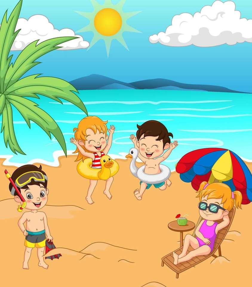 Ilustracja. Dzieci bawiące się na plaży puzzle online