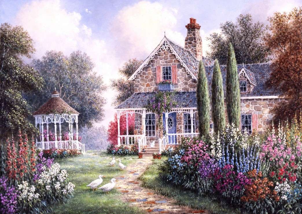 piękna rezydencja i jej ogród kwiatowy puzzle online