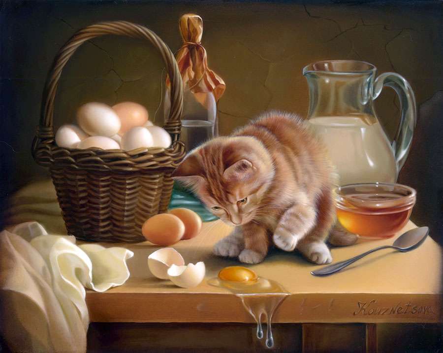 Przyszedł kotek, wypił mleczko, stłukł jajeczko:) puzzle online