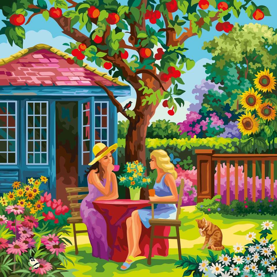 Spotkanie pod jabłonią w pięknym ogrodzie puzzle online