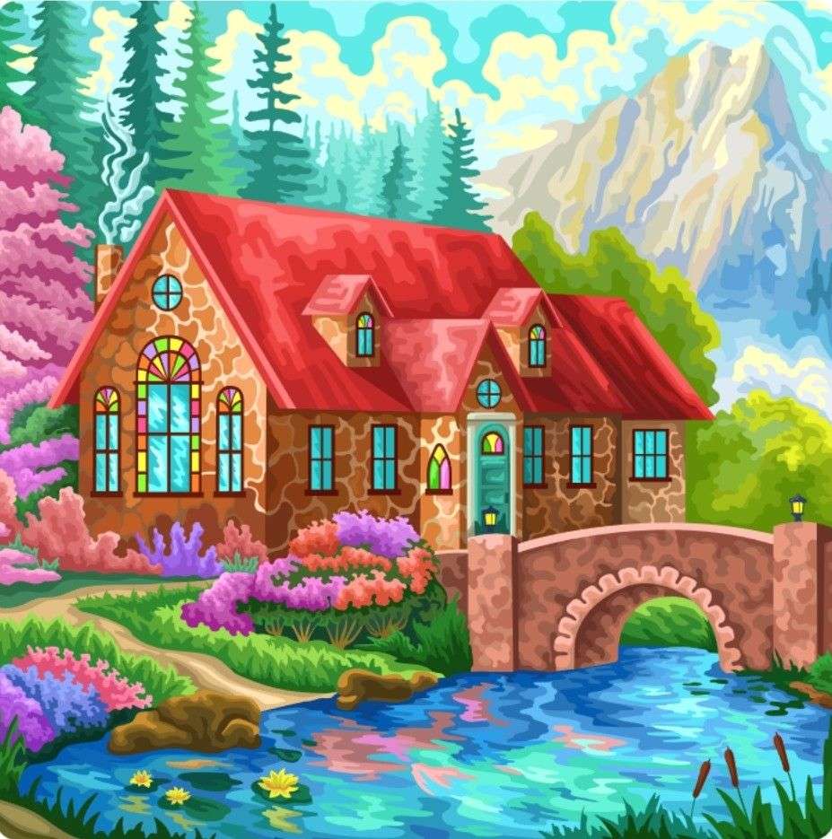 Witrażowy piękny domek w górach puzzle online