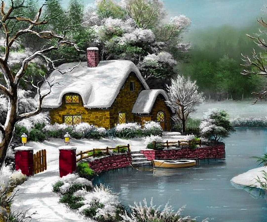 Zagroda nas rzeczką zimową piękny widok puzzle online