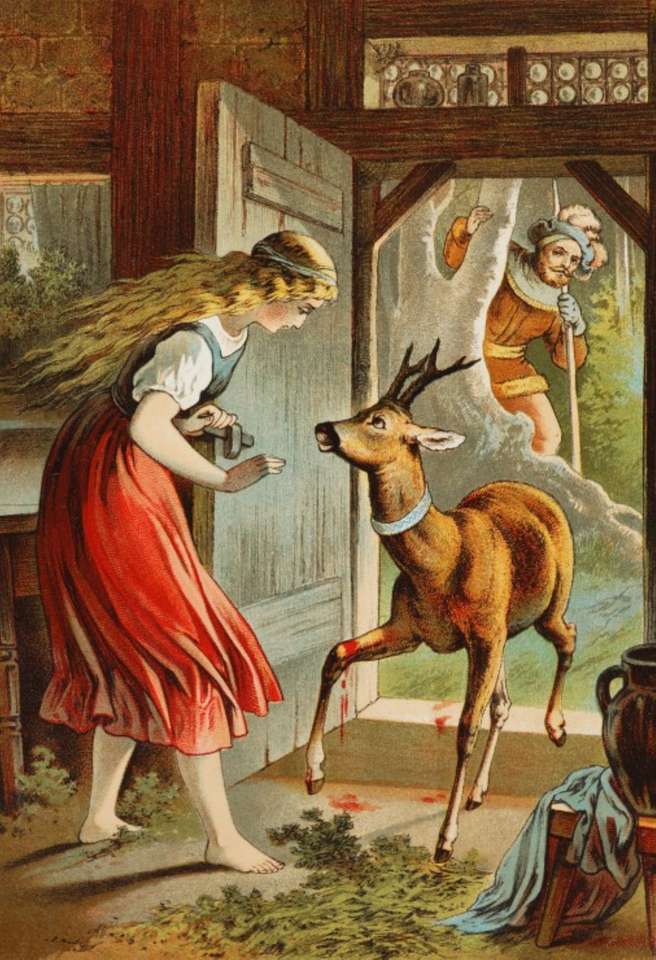 young girl picking up a wounded deer jigsaw puzzle