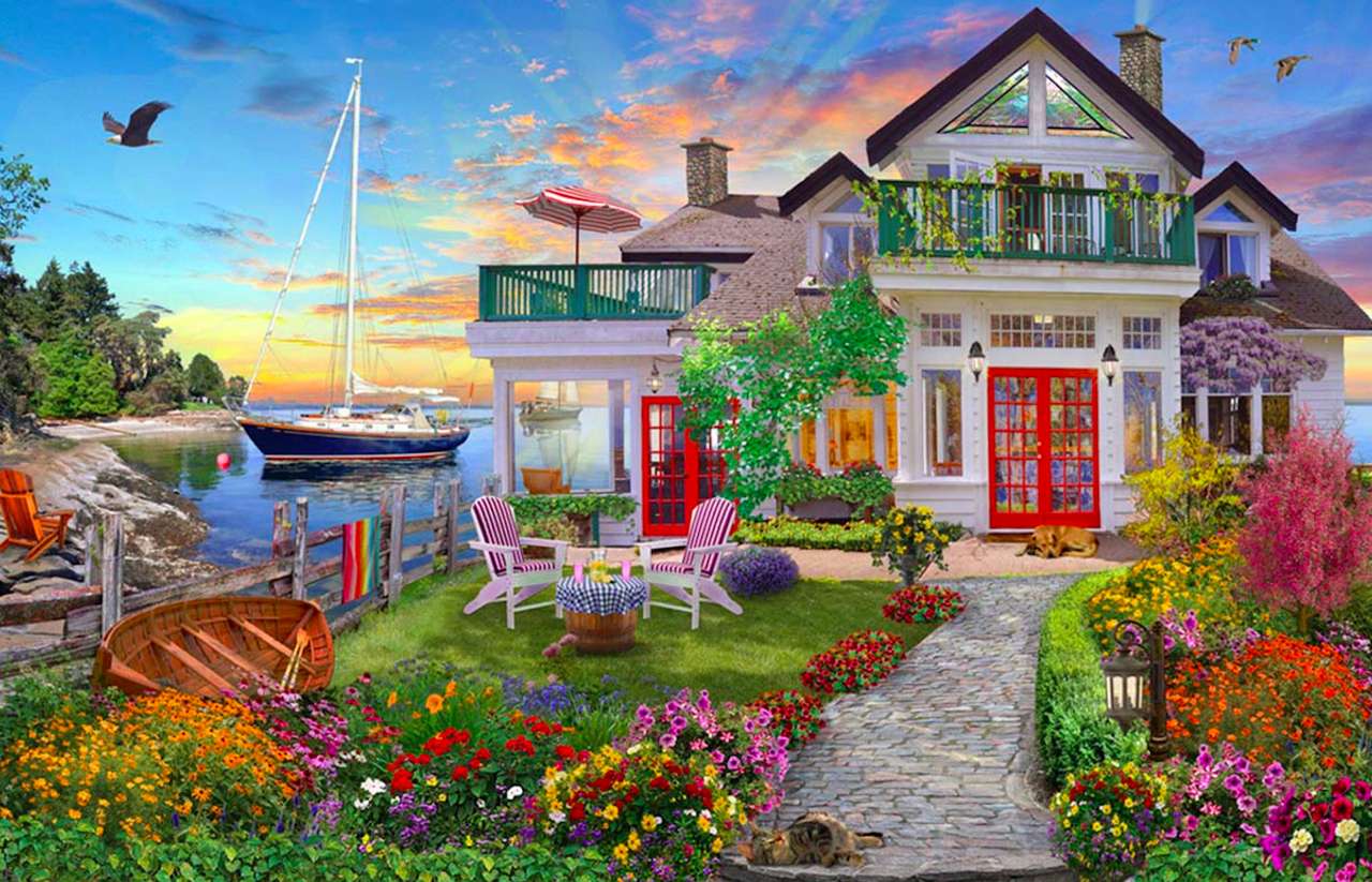 Piękno raju-domek, ogródek, ocean, widoki puzzle online