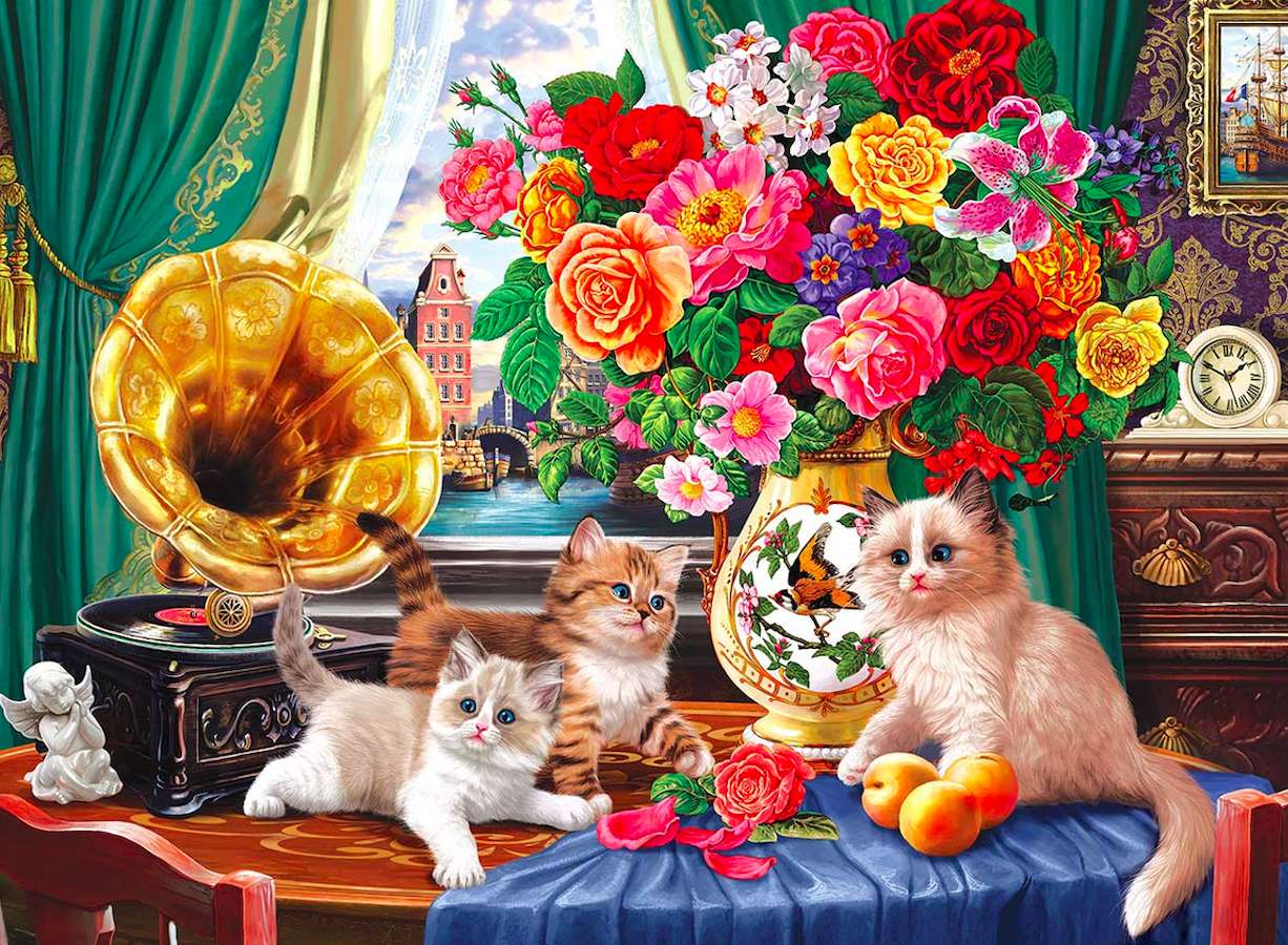 Kocie maluszki wśród róż puzzle online