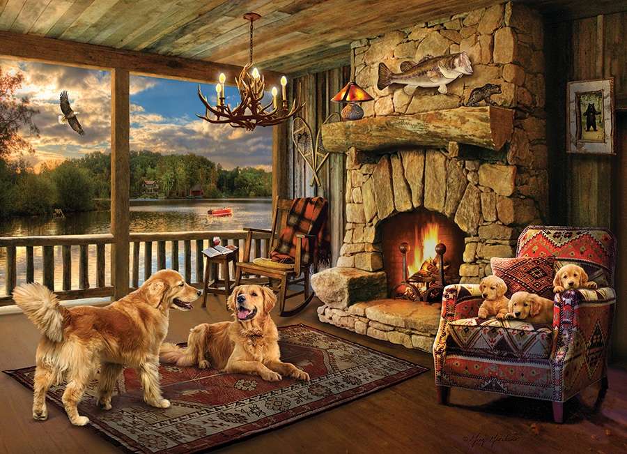 Pieski w salonie z widokiem na jezioro puzzle online
