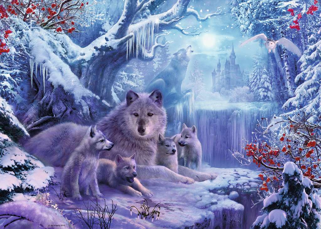 wilcza rodzina w śniegu przy świetle księżyca puzzle online