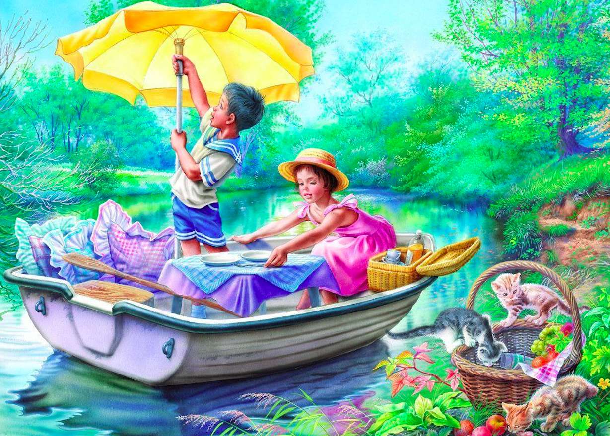 Uroczy piknik dzieci na łódce puzzle