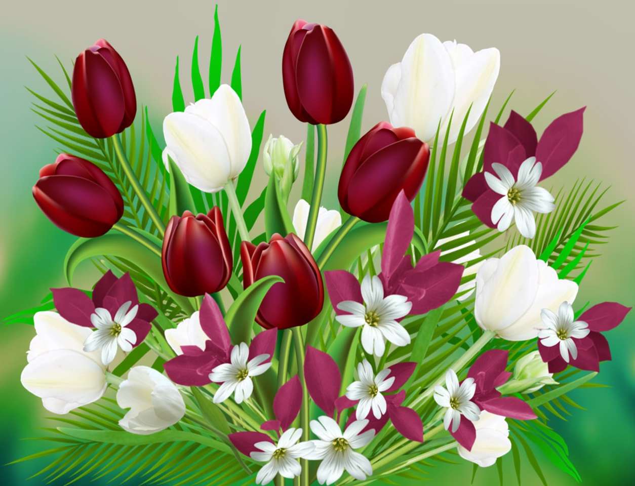 Bukiet purpurowych i białych tulipanów puzzle online