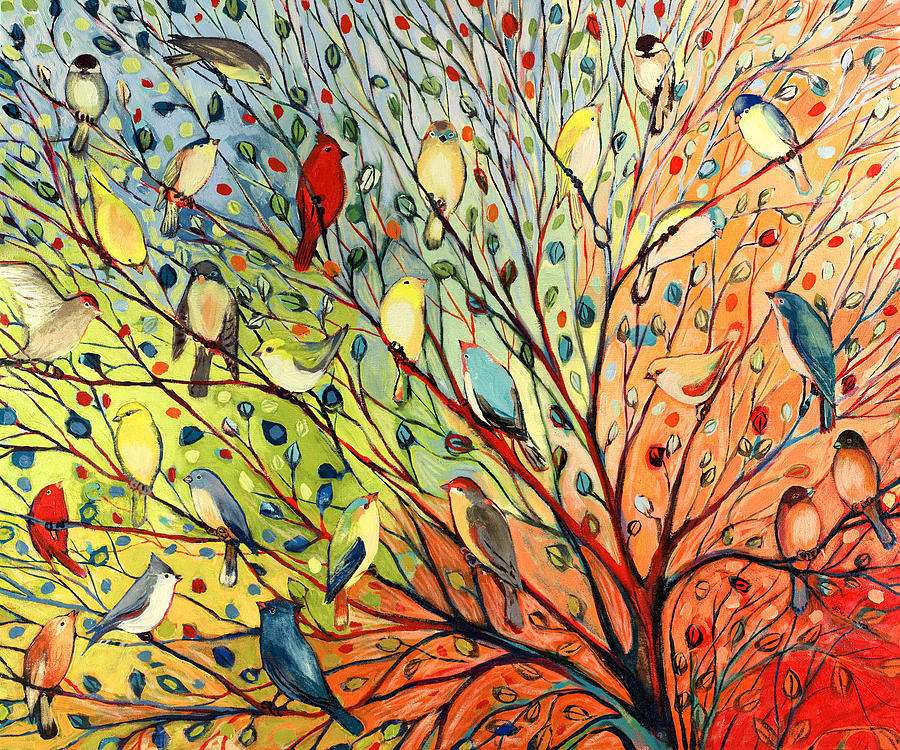 Kolorowe ptaki na kolorowym drzewie puzzle online