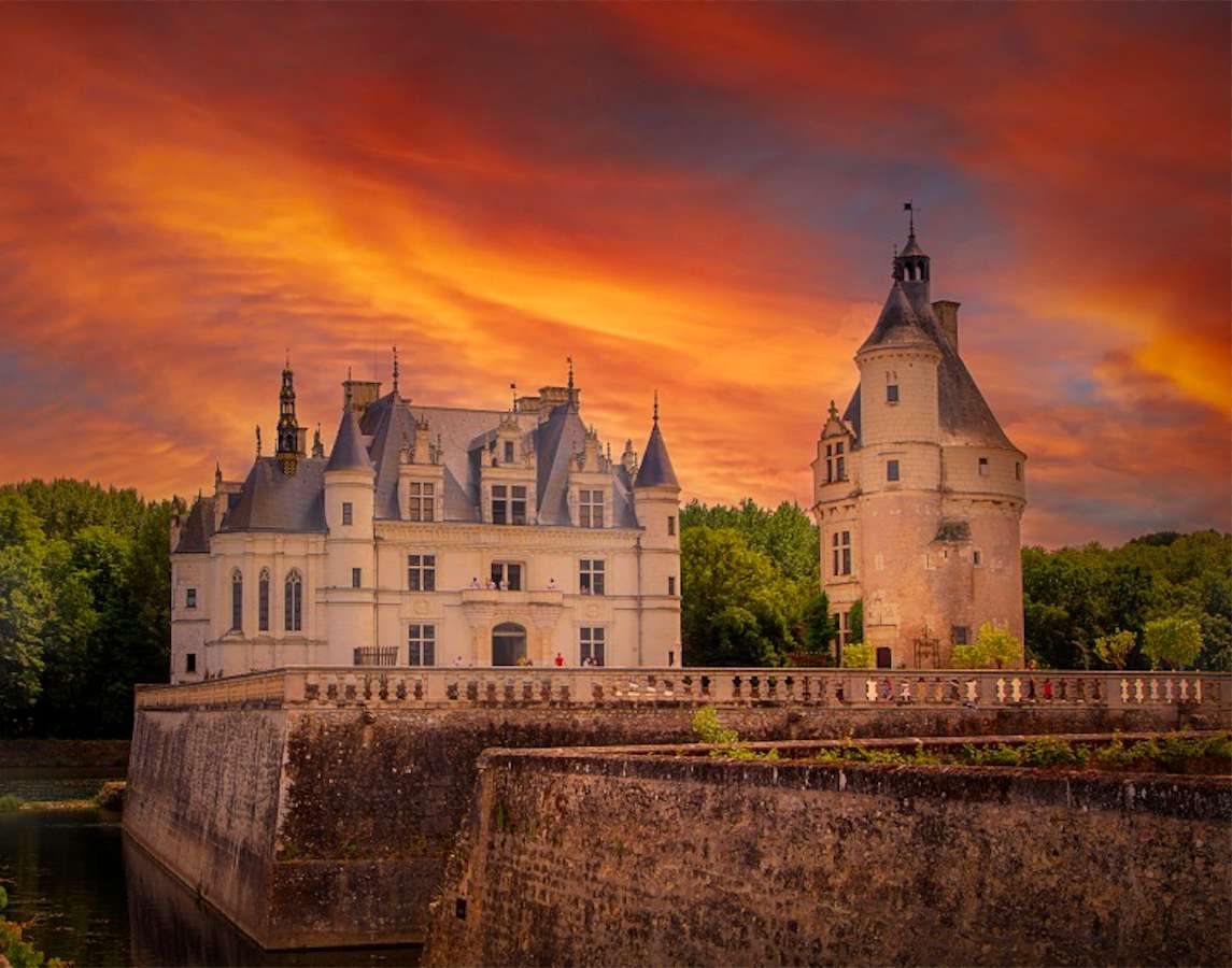 Francja-Zamek Chateau de Chenonceau i zachód puzzle online