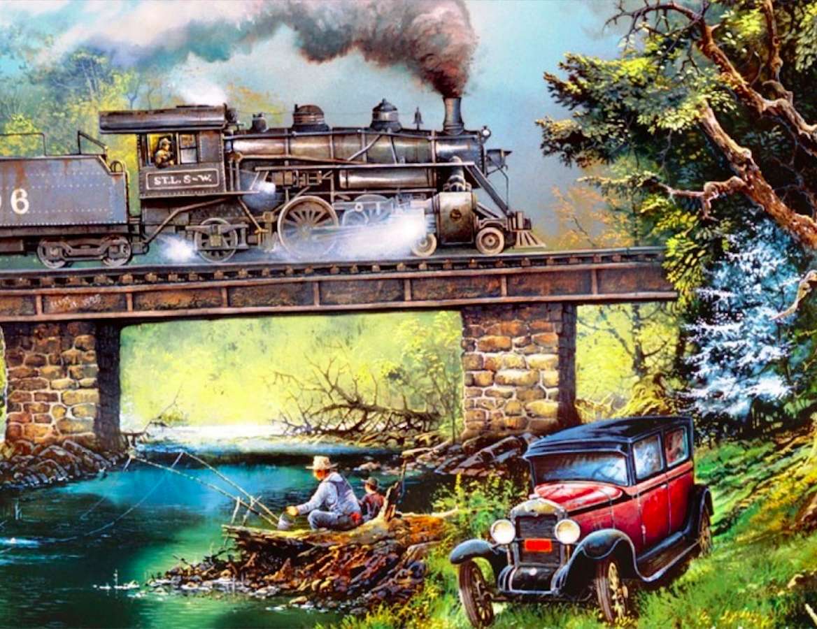 Sooooo old bridge, steam locomotive, car puzzle