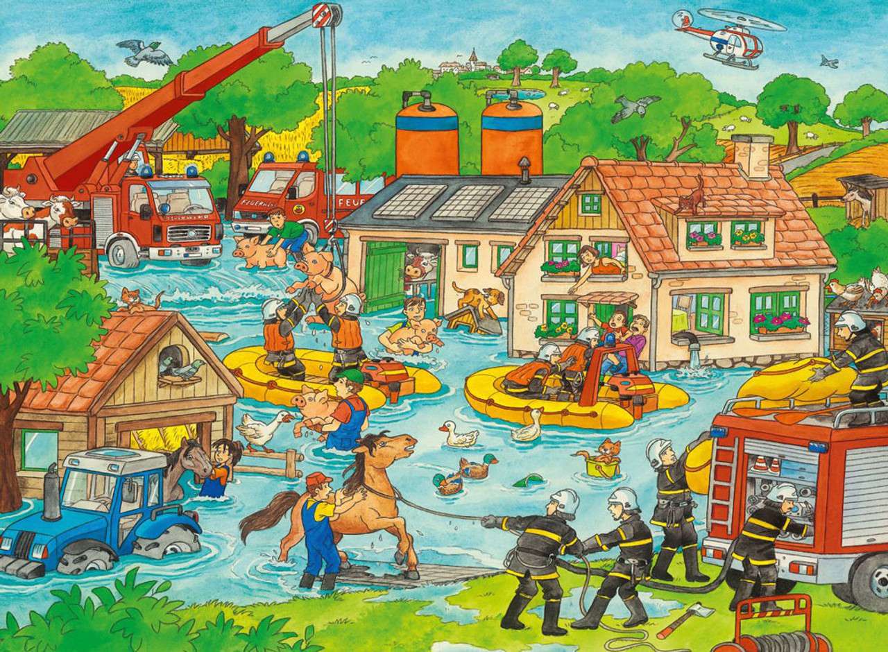 Powódź i wozy strażackie puzzle online