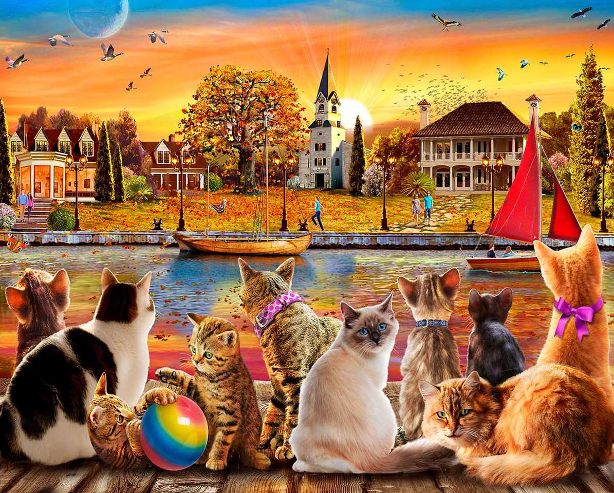 Miasteczko nad rzeką i wpatrzone kotki puzzle online