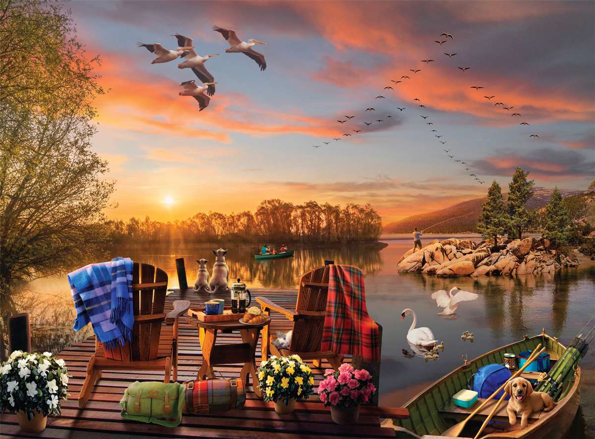 Śniadanko przy wschodzie słońca nad jeziorem puzzle online